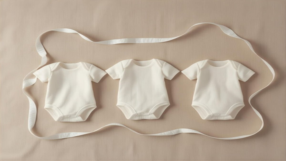 Three cream baby rompers arranged in ascending size on oatmeal linen with measuring tape