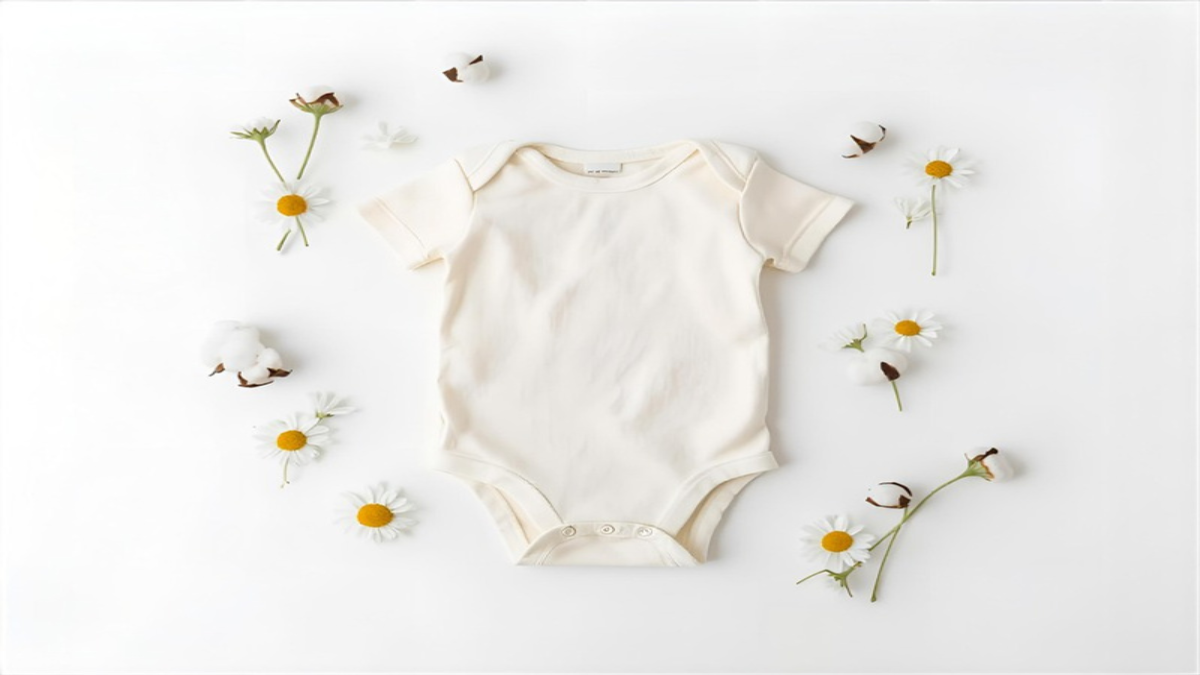 Soft cream baby bodysuit with chamomile flowers and cotton balls on white background