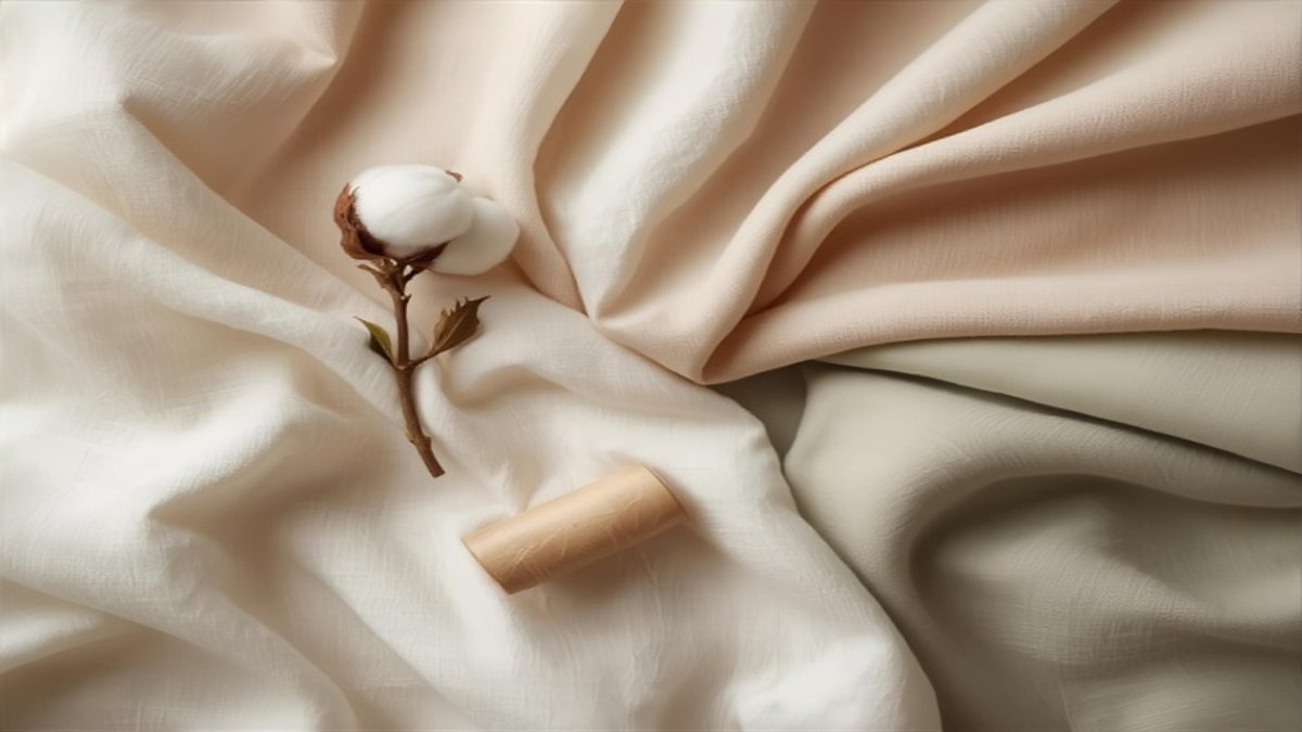 Flat lay of baby clothing fabric swatches in cream, sage, and oatmeal on natural linen