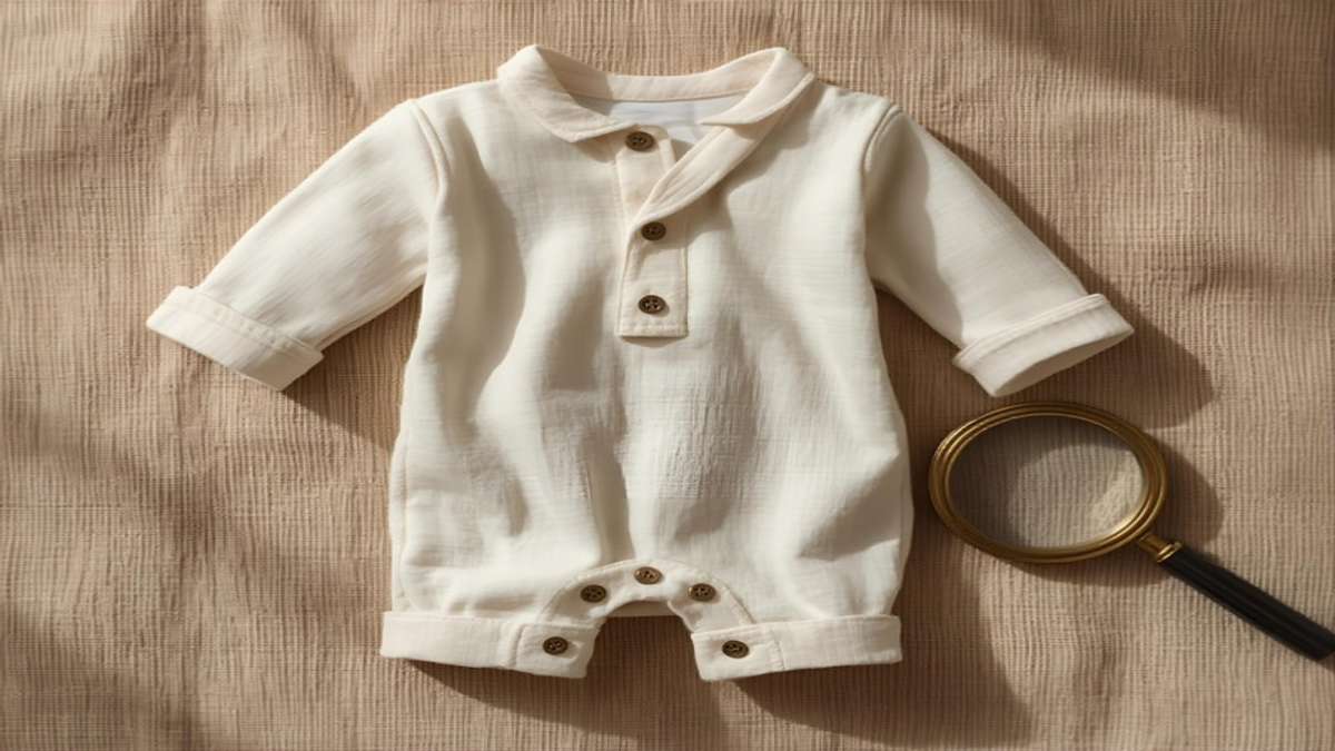 Premium cream baby romper flat lay showing fabric quality details with magnifying glass
