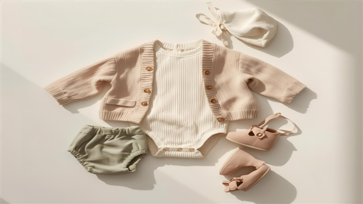 Baby capsule wardrobe flat lay with cream romper, oatmeal cardigan, sage bloomers, and dusty rose booties