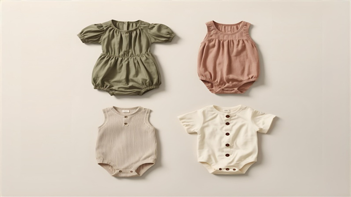 Four baby romper styles in sage, dusty rose, oatmeal, and cream arranged in grid layout