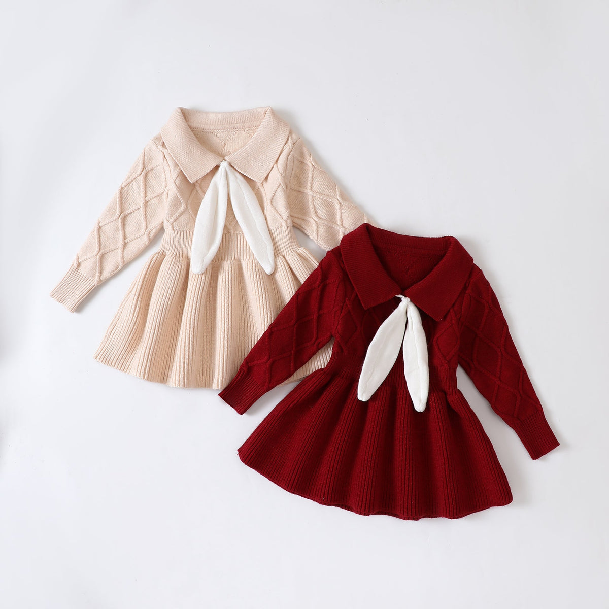 Yara Dress in cream and red knit with bunny-ear collar