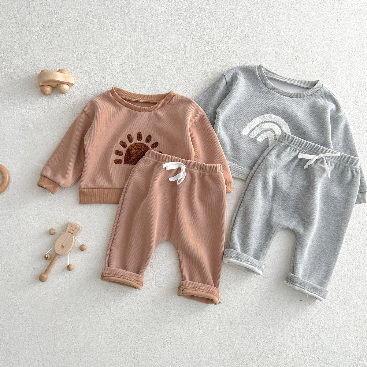 Chase Jogger Sets in clay and heather gray, laid flat